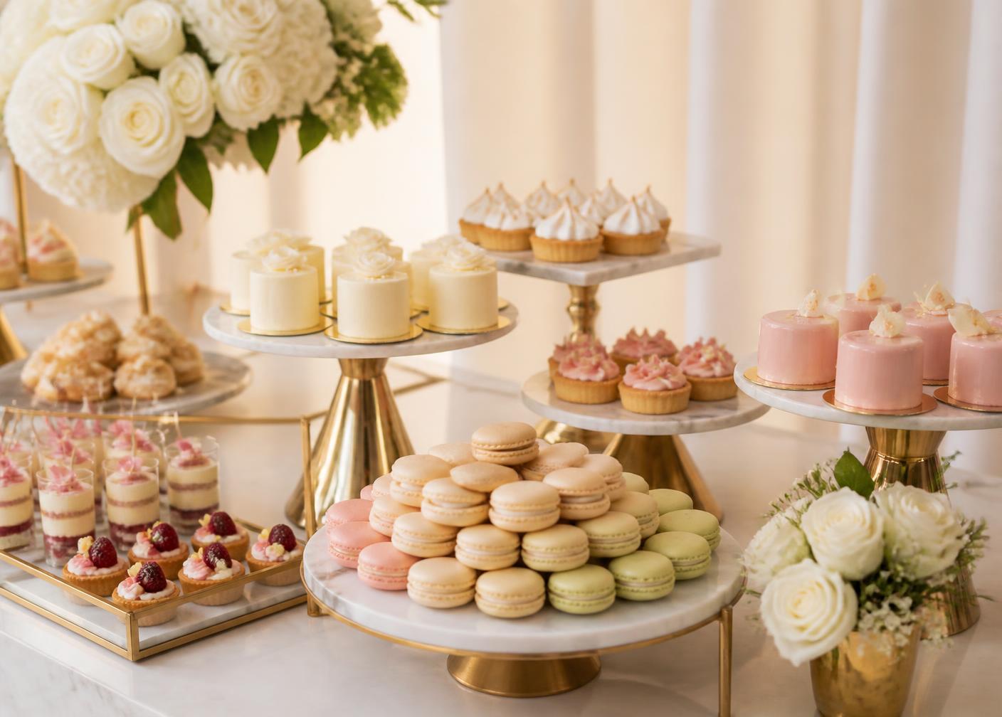 Dessert table of macarons, tarts and petit gateaux on gold and marble stands