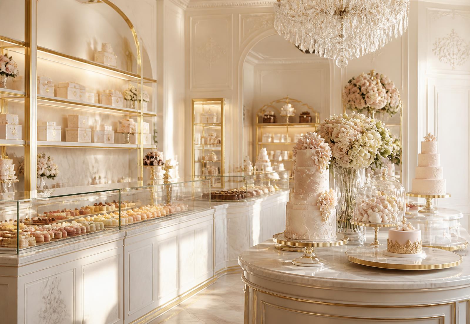 Ivory and gold patisserie interior with tiered cakes and pastry cases
