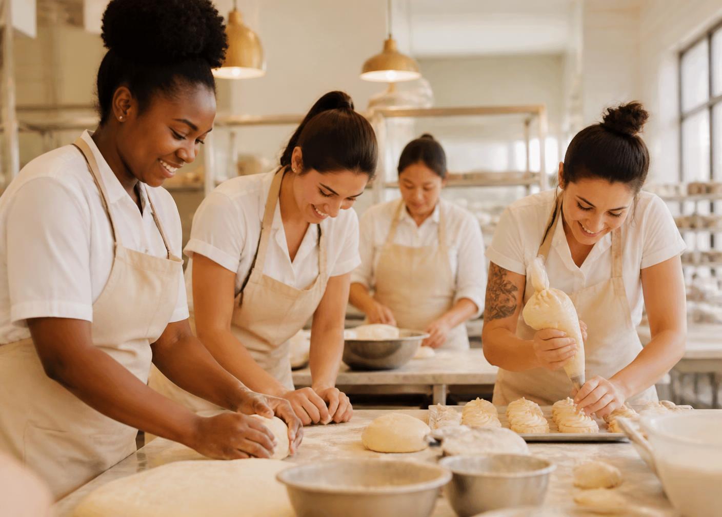 Women in cream aprons shaping dough and piping pastries in a bright kitchen